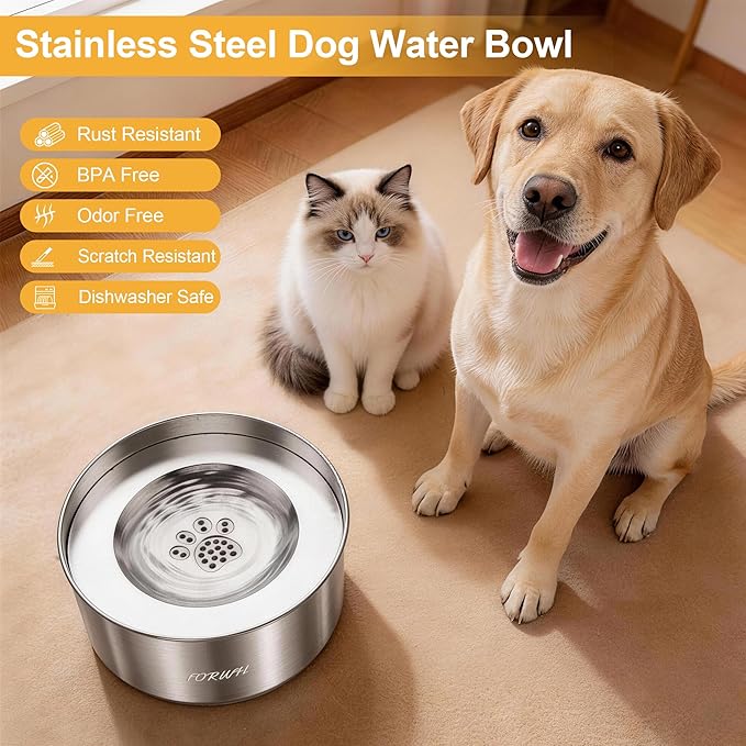Stainless Steel Dog Water Bowl No Spill, 101OZ/3L Large Capacity Pet Water Dispenser with Floating Disk, Non-Slip Slow Drink Feeder for Cat, Anti-Gulping & Splash Proof for Travel, Car & Home