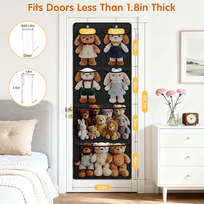 Stuffed Animal Storage - Large Over the Door Organizer with 6 Expandable Mesh Pockets & Metal Hooks, Non-Woven Fabric Hanging Plush Items Holder for Nursery, Bedroom, Playroom (Black)