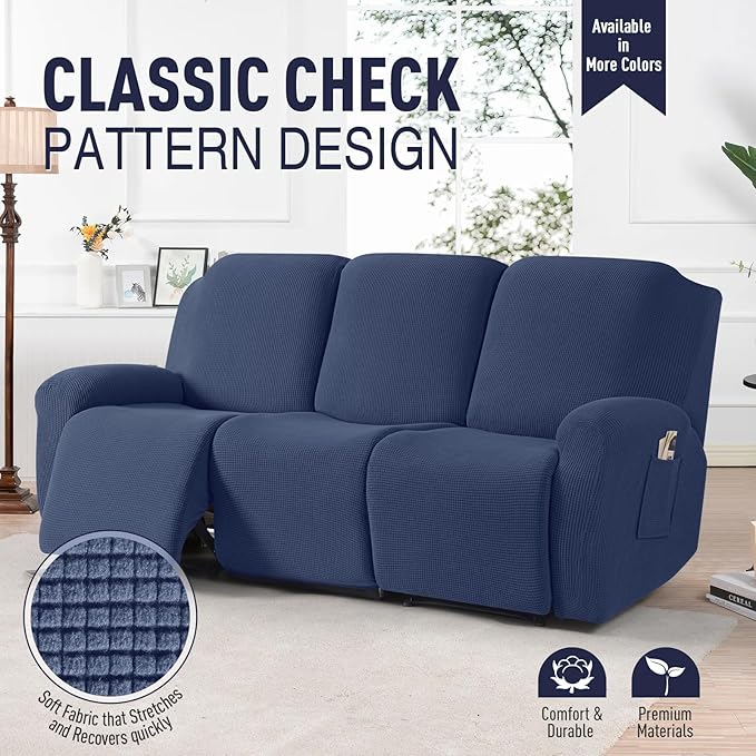 TAOCOCO Recliner Sofa Covers 8-Pieces Stretch Large Couch Covers for 3 Seats Reclining Slipcovers Soft Jacquard Pattern Furniture Protector (Navy Blue)