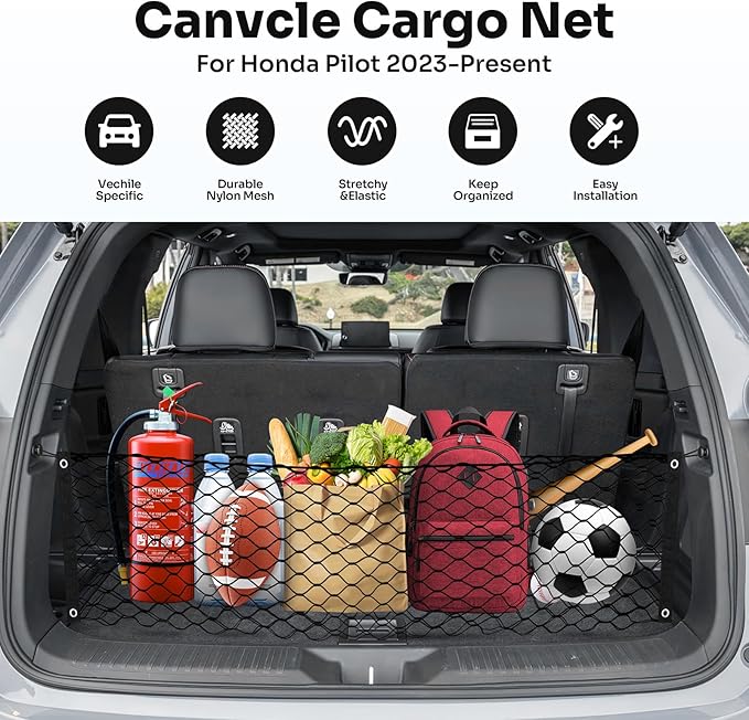 Trunk Cargo Net for 2023-2025 2026 Honda Pilot Accessories Envelope Style Mesh Trunk Net Organizer and Storage Stretchable Adjustable Elastic Nylon Rear Cargo Netting with Hooks