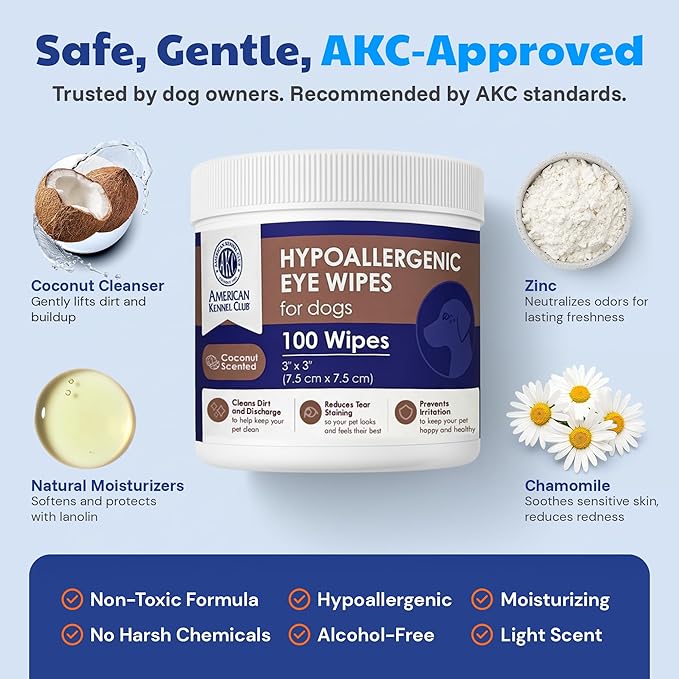 AKC Pet Eye Wipes for Dogs & Cats – Tear Stain Remover & Eye Discharge Cleaner – Hypoallergenic Grooming Wipes, 100 Count (Coconut Scent)