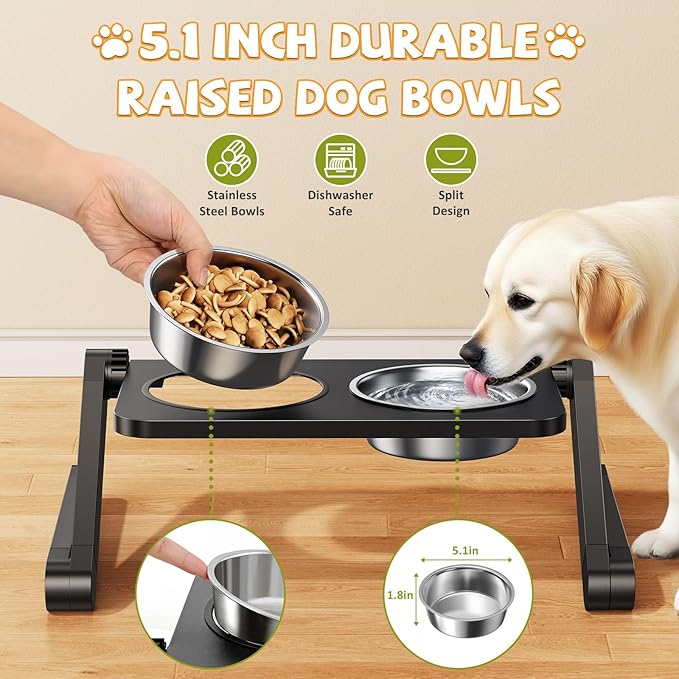 Elevated Dog Bowls, Adjustable Raised Dog Bowl Stand, Foldable Pet Bowls with Dual Stainless Steel Plates for Small to Medium Dogs and Cats,Pets -Black