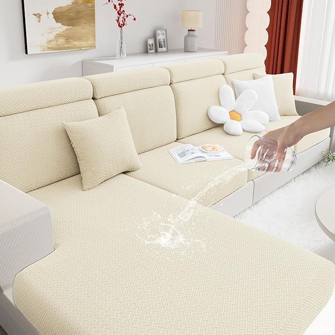 hyha Waterproof Couch Cushion Covers, Wear Resistant Couch Cover, Anti Slip Sofa Slipcovers Washable, Soft Thick Jacquard Furniture Protector for Pets Dog (1 Piece for Backrest M, Beige)