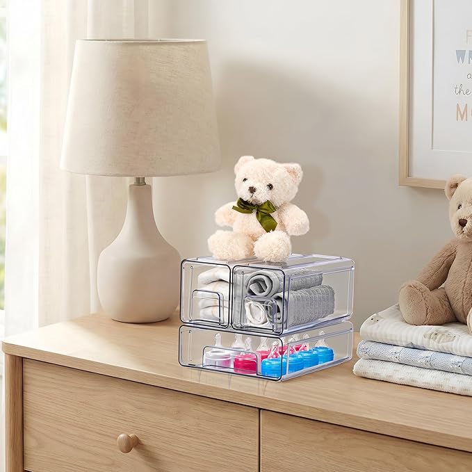 Sorbus 1 Medium & 2 Small Clear Stackable Storage Drawers, Plastic Organizer Bins with Handles, Pull-Out Stackable Drawers for Bathroom Closet, Medicine, Cabinet, Pantry Storage, Baby Bottle Organizer