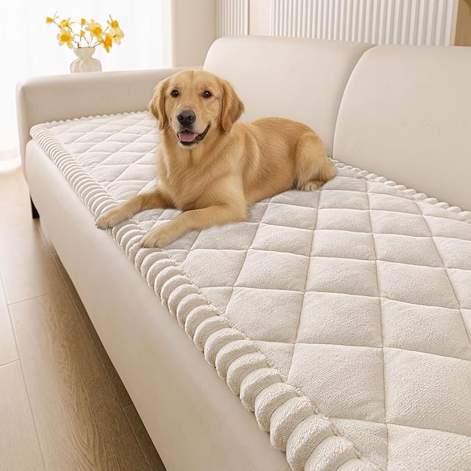 Smiry Fuzzy Couch Cover for Dogs, Non Slip Washable Pet Sofa Cover, Scratch Proof Hair Resistant Plush Sofa Slipcover, Pet Friendly Couch Cushion Protector for Cat, White, 27.6" x 47"