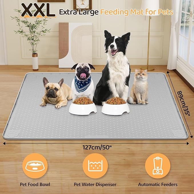 Bartuke Dog Food Mat, Extra Large 50" x 35" Silicone Pet Feeding Mat with Raised Edge Pet Placemat for Small, Medium, and Large Pets Non-Slip, Easy to Clean (Grey)