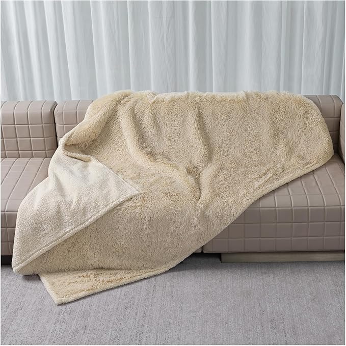 Wowchine Waterproof Dog Blanket Beige Fluffy Long Faux Fur Pet Throw Blankets 28x20in for Couch Love Bed Cover Washable(Beige,XS)