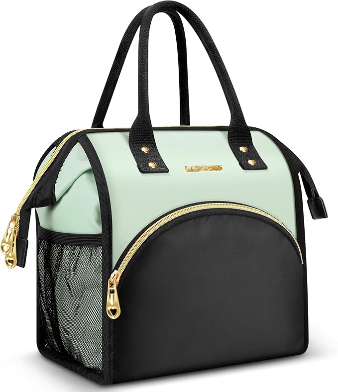 Lunch Bag Women Insulated Lunch Box Wide-Open Lunch Tote Bag Large Drinks Holder Durable Nylon Thermal Snacks Organizer for Men Adults Work Picnic Hiking Beach Fishing, Lake Green + Black