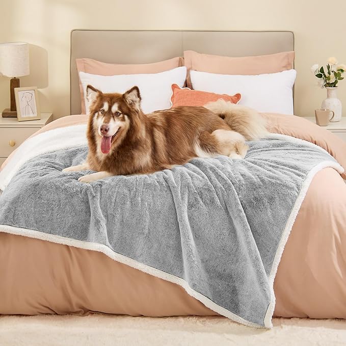 Extra Large Dog Blanket, Waterproof Faux Fur & Sherpa Oversized Pet Throw for Bed & Couch Protection, Soft Cozy Dog Blankets for Large Dogs, 60"x80", Light Grey