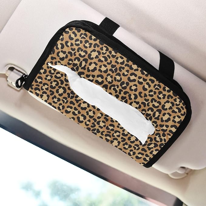 Car Tissue Holder Car Napkin Holder Car Tissue Box Dispenser Storage Case Sun Visor Mask Holder with Adjustable Straps Reusable Refillable Brown Leopard Print