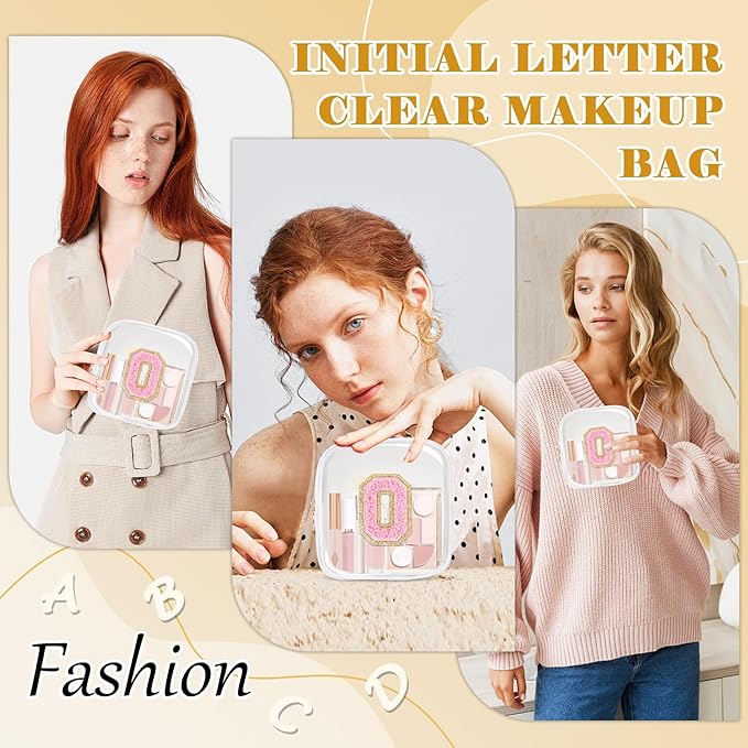 Personalized Initial Letter Clear Preppy Makeup Bag,Mini Nylon Chenille Letter Cosmetic Bag Cute Zipper Pouch Purse for Teen Girls,Portable TSA Approved Beach Travel Essentials Bag Gift for Women,O