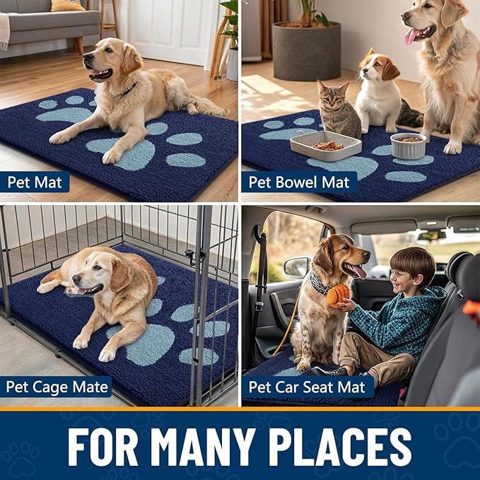 Smiry Dog Door Mat for Muddy Paws, Absorbs Moisture and Dirt, Low-Profile Entryway Mat with Non-Slip Backing, Entry Indoor Outdoor Doormat for Inside Floor (30x20 Inches, Dark Blue, Paw)