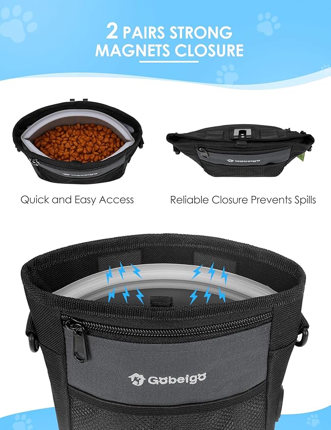 Gobeigo Dog Treat Pouch with Silicone Snack Bag, Front Pocket fits All Phones, 4 Cup Treat Bag with Training Clicker, Upgrade Stronger Magnetic Closure, 3 Ways to Wear Walking Fanny Pack (Gray)