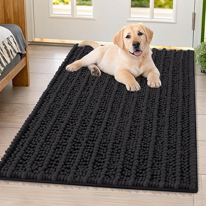 Smiry Dog Door Mat for Muddy Paws 40x32, Extra Soft Absorbent Chenille Doormat, Trap Moisture and Dirt, Non-Slip Machine Washable Front Door Mat for Indoor Entrance Inside Floor, Black