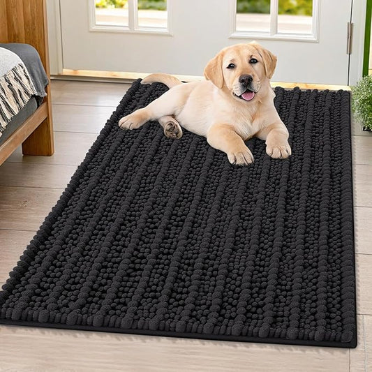 Smiry Dog Door Mat for Muddy Paws 40x32, Extra Soft Absorbent Chenille Doormat, Trap Moisture and Dirt, Non-Slip Machine Washable Front Door Mat for Indoor Entrance Inside Floor, Black