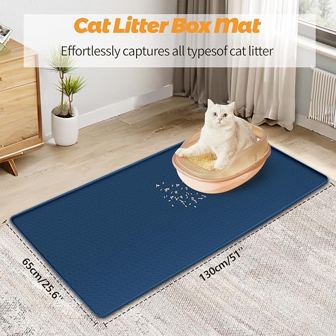 Bartuke Cat Litter Mat, Extra Large 51" x 25.6" Silicone Mat Litter Trapping Mat for Scatter Control, Soft on Kitty Paws, Easy to Clean (Navy Blue)