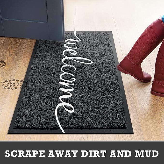 Black Door Mat Welcome Mats Outdoor Indoor Non-Slip Doormat for Entryway Low-Profile Floor Mat for Yard, Garage, High Traffic Areas (36"x24", Black)