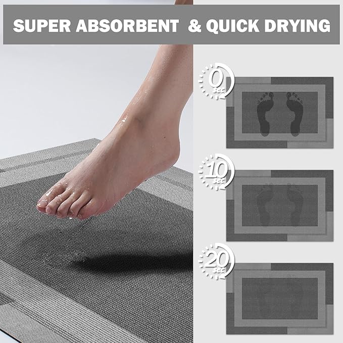 Non Slip Bath Mat, Rubber Backing Ultra Thin Bathroom Rugs Fit Under Door Quick Dry Super Absorbent Washable Bath Rug Shower Mat for Bathroom Floor Bathtub Sink, Easy Care Dark Grey 24"x 35"