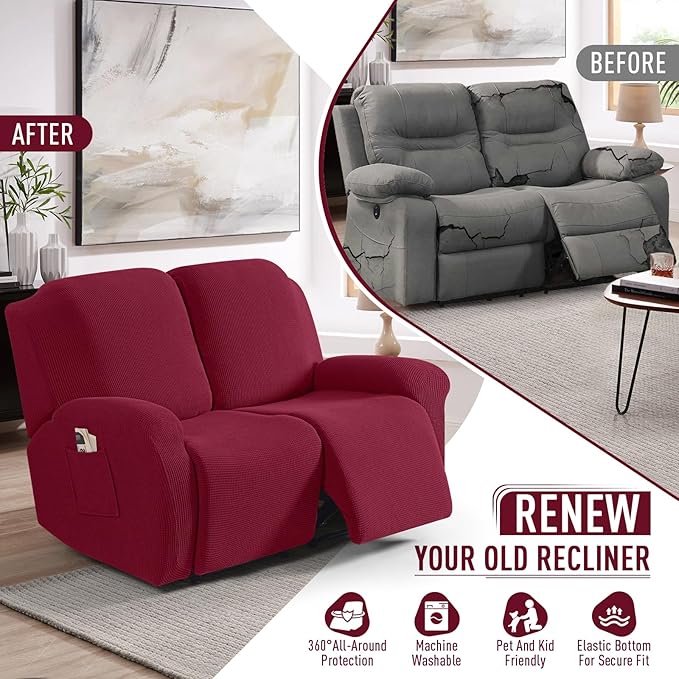 TAOCOCO Recliner Loveseat Slipcover, 6 Pieces Dual Recliner Sofa Covers for 2 Seat Dual Reclining Loveseat Couch, Stretch Soft Jacquard Pattern Furniture Protector with Elasticity (Burgundy)