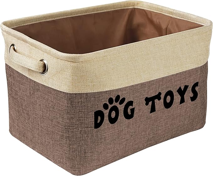 PET ARTIST Dog Toy Basket, Collapsible Dog Toy Bin Box, Large Pet Toy Storage Organizer with Comfortable Handles for Accessories, Toys, Coat & Clothing, Blanket & Leash, Brown-1, 15"x11"x9"