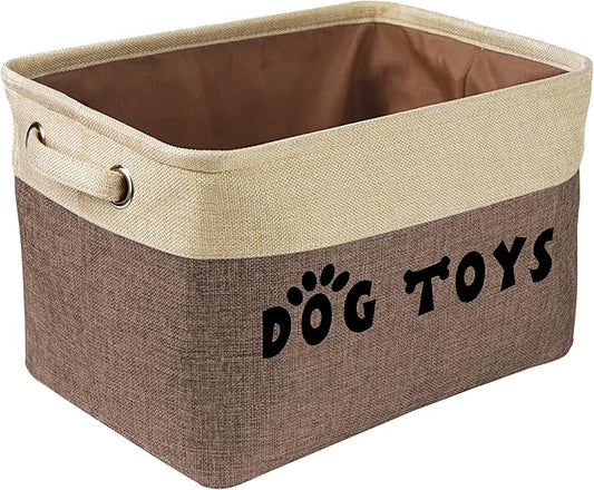 PET ARTIST Dog Toy Basket, Collapsible Dog Toy Bin Box, Large Pet Toy Storage Organizer with Comfortable Handles for Accessories, Toys, Coat & Clothing, Blanket & Leash, Brown-1, 15"x11"x9"