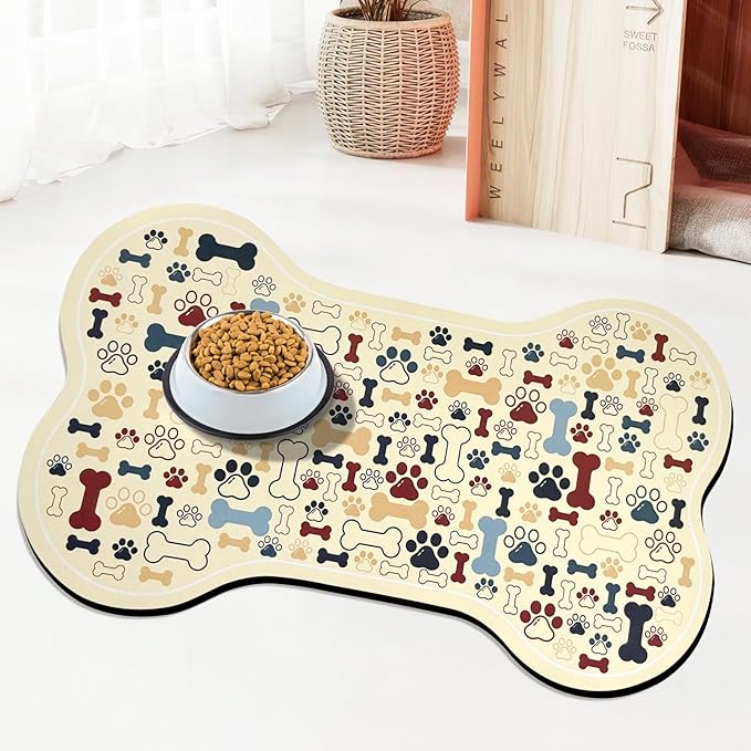 Dog & Cat Food Mat Bone Shaped Pet Feeding Mat Quick Absorb Water Bowl Placemat with Rubber Backing Indoor Floor Stain Resistant Pet Accessory Supplies (Beige, 17x29 Inches)