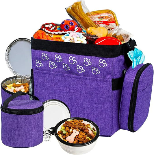 CLAWIST Dog Travel Bag with Treat Pouch, Airline Approved Dog Bags for Traveling, 2 Dog Food Travel Container, 2 Travel Bowls, Weekend Dog Travel Bag for Supplies, Dog Travel Kit Accessories