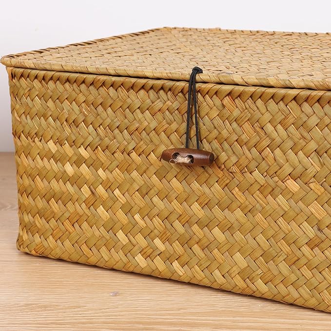 FEIALNDUO Wicker Shelf Baskets with Lid,Seagrass Storage Basket Bins Rectangular Handwoven Basket Boxes for Shelves Desktop Home Organizer (Natural, Medium)