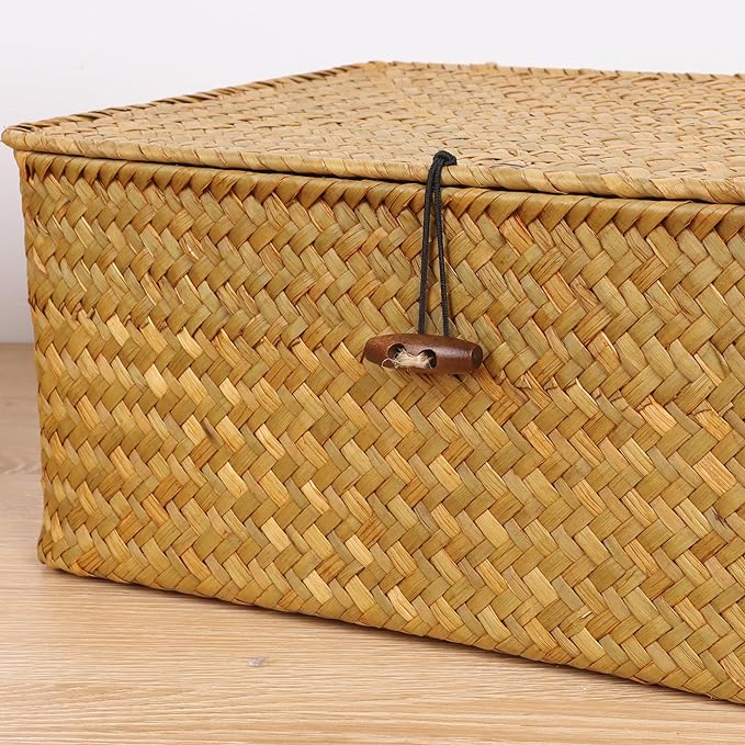 FEIALNDUO Wicker Shelf Baskets with Lid,Seagrass Storage Basket Bins Rectangular Handwoven Basket Boxes for Shelves Desktop Home Organizer (Natural, Small)