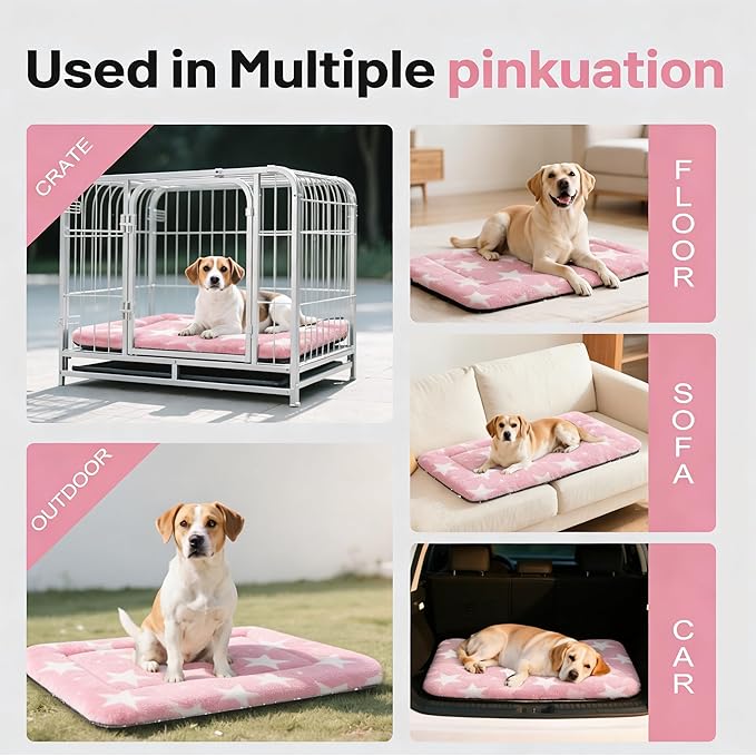 Fogkiss Dog Bed Mat, Reversible Crate Pad & Durable Dog Bed - Machine Washable Kennel Mat with Ultra Soft for Medium Dogs (Big&Small Stars Pink, 30" L*20" W*1.5" Th)