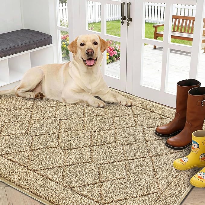 REFETONE Indoor Doormat, Front Back Door Mat 32"x40" Rubber Backing Non Slip Mats, Absorbent Washable Entrance Doormat for Entryway, Resist Dirt Low-Profile Inside Floor Mat for Muddy Shoes, Beige