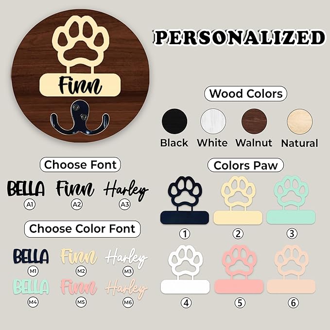 VINARTSVN Dog Leash Holder Wall Mount, Personalized Pet Harness Hanger Paw Print Hook, Hook for Dog, Cat, Key Rack Wall Organizer, Cat Collar Organizer for Entryway, Memorial Gifts for Pet Lover