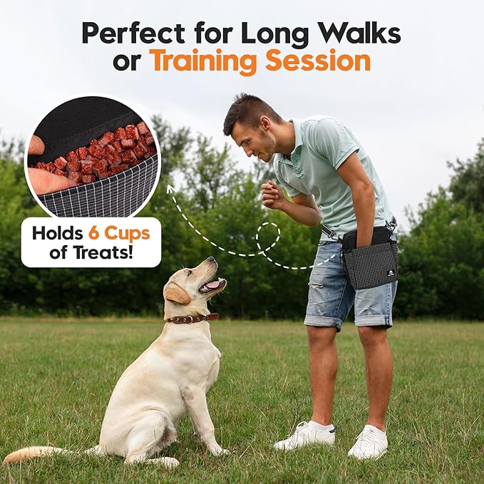WILDOMS Dog Treat Pouch – Large Capacity with Magnetic Closure, Dog Walking Fanny Pack Built-in Poop Bag Dispenser, Clicker & Collapsible Bowl for Training & Walking - Black