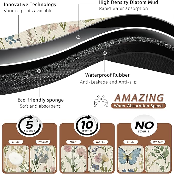 Wildflowers Dog Cat Food Mat,Vintage Botanical Garden Plants Herb Butterfly Absorbent Pet Feeding Mat for Food and Water,Non-Slip Dog Bowl Mats Floor Protector 12"x20"