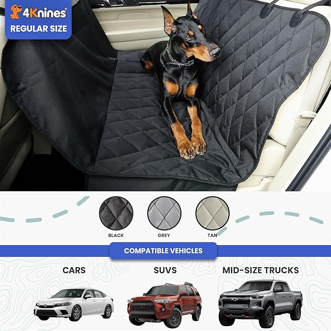 4Knines Dog Backseat Cover with Hammock for Cars, SUVs, and Trucks – Waterproof Layers, Nonslip Seat Protector, Durable Nylon Clips, K9 Shield with Heavy Duty Thread, (Extra Large, Tan)