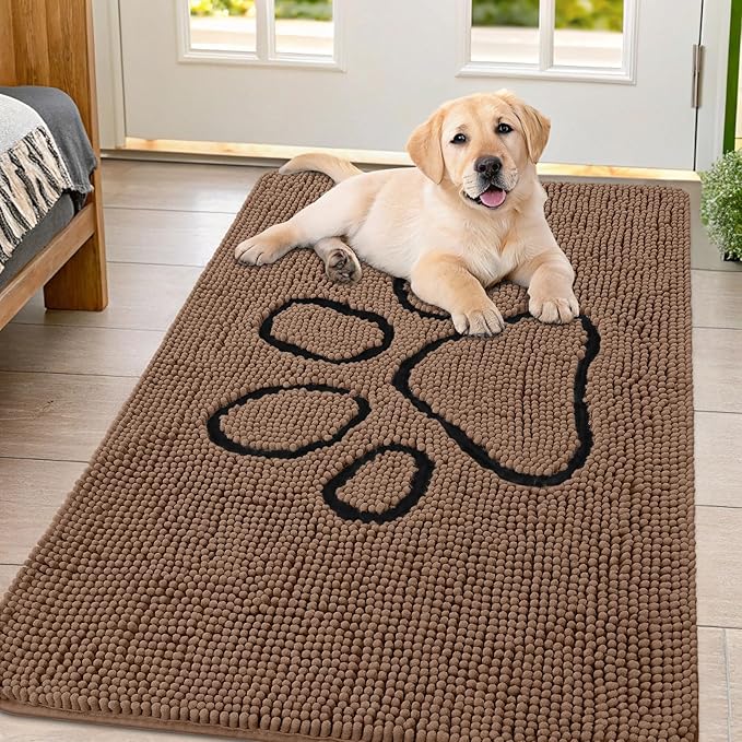 Smiry Dog Door Mat for Muddy Paws, Absorbent Dirt Trapper Non Slip Quick Dry Washable Chenille Mat for Mud Dogs, Entry Rug for Indoor and Outdoor (47x32 Inches, Coffee and Black)