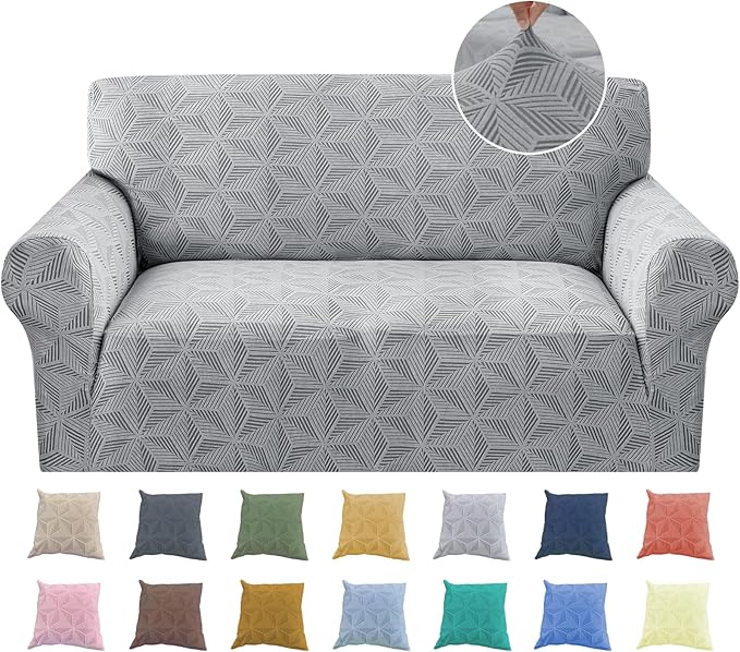 YEMYHOM 1 Piece Stretch Couch Covers for 2 Cushion Couch, Jacquard Loveseat Cover with Non-Slip Elastic Bottom, Thickened Slipcover Furniture Protector for Dogs Pets (Medium, Light Gray）
