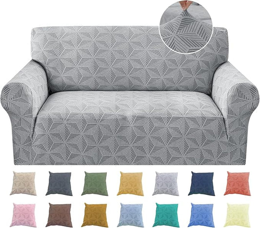 YEMYHOM 1 Piece Stretch Couch Covers for 2 Cushion Couch, Jacquard Loveseat Cover with Non-Slip Elastic Bottom, Thickened Slipcover Furniture Protector for Dogs Pets (Medium, Light Gray）