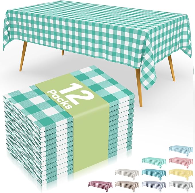Smiry 12 Packs Gingham Disposable Table Cloth, 54 x 108 Inch Waterproof Plastic Tablecloth, Rectangle Teal and White Checkered Table Covers for Picnic, Birthday, Party