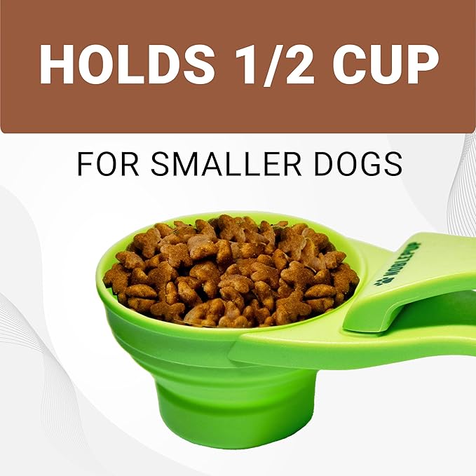 MeasureMate Pet Food Scoops with Bag Clip for Dog and Cat - 3-in-1 Multi-Function Collapsible Food Measuring Cup - 1/2 Cup Capacity, 4oz, Green - Dishwasher Safe