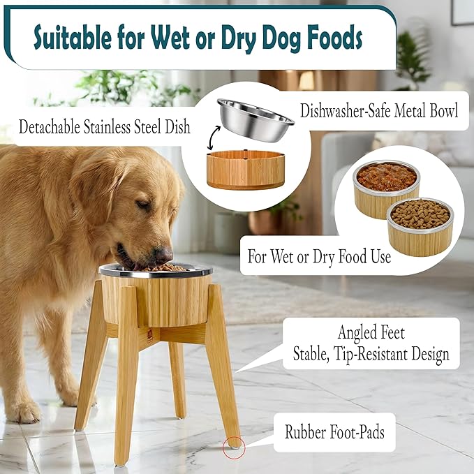 Elevated Dog Bowls for Large Breed - (15-Inch High) Raised Bamboo Holder with Stainless Dish - Suitable for Dry and Wet Pet Food - Tall Stand, Deter Ants/Bugs