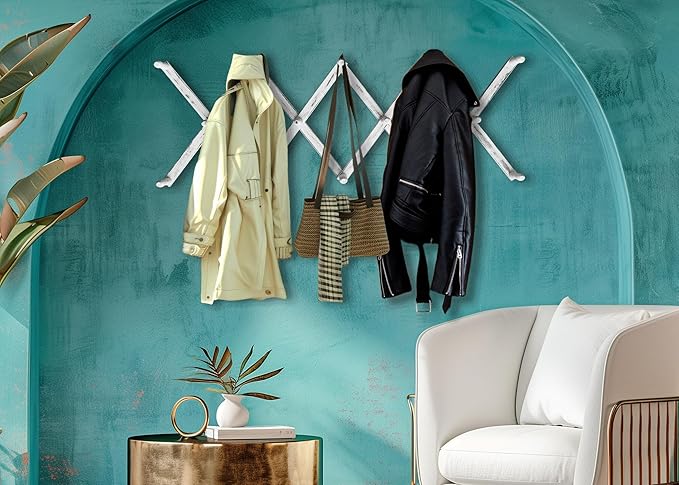 Expandable Wooden Coat Rack Hanger - Large Accordion Hanger with Expanding Pegs | Hand Made Rustic Wooden Hat Rack for Wall | Hang Coat, Jacket, Hat | Wall Rack – 14 Hook, Distressed White