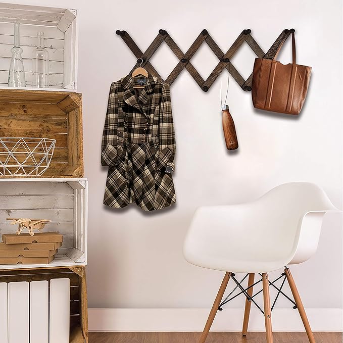 Expandable Wooden Coat Rack Hanger - Accordion Wall Hanger with Expanding Wall Pegs | Hand Made Vintage Wooden Hat Rack for Wall | Hang Coat, Jacket, Hat | Wall Rack – 14 Hook, Washed Gray