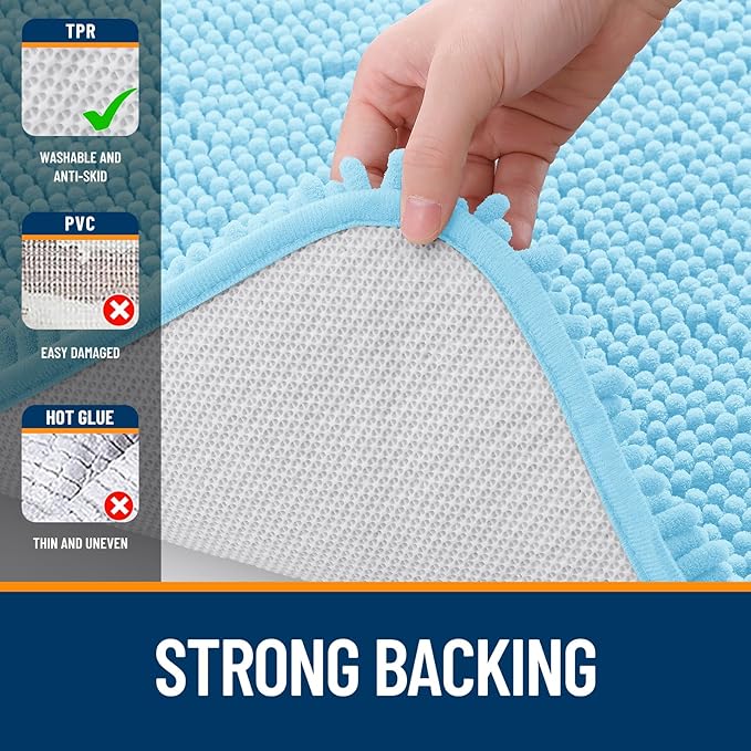 OLANLY Bathroom Rugs 59x24, Extra Soft Absorbent Chenille Bath Rugs, Rubber Backing Quick Dry, Machine Washable Bath Mats for Bathroom Floor, Tub and Shower, Home Decor Accessories, Sky Blue
