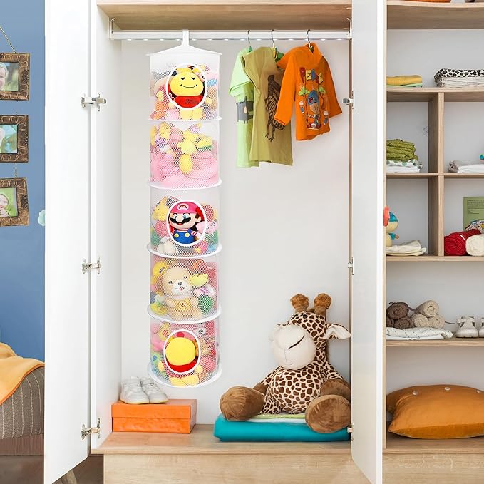 3Pcs Stuffed Animal Storage Foldable hanging net for stuffed animals or Hammock Organizer, 5 Compartments kids toy storage organizer, toy organizer for Kid Room Toys, Gloves, Hats, Socks(White)
