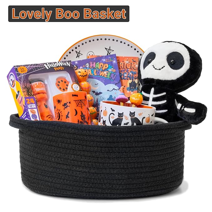 Small Woven Gift Basket Empty with Bag & Ribbon - Gifts for Mom, Baby Shower, Birthdays & Raffle - Cotton Rope Storage Basket for Dog Toys or Shelf - 12"x8"x5", Black, 2 Packs