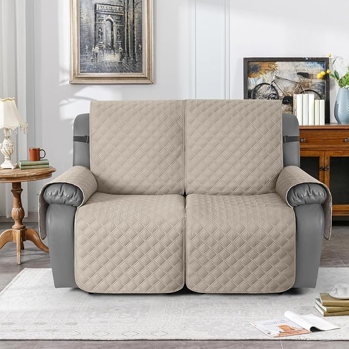 TAOCOCO 100% Waterproof Recliner Couch Covers, Recliner Sofa Covers with Leg Straps, 1-Piece Washable Reclining Sofa Cover with Pocket Couch Protector for Pets Kids(2 Seater, Apricot Pink)