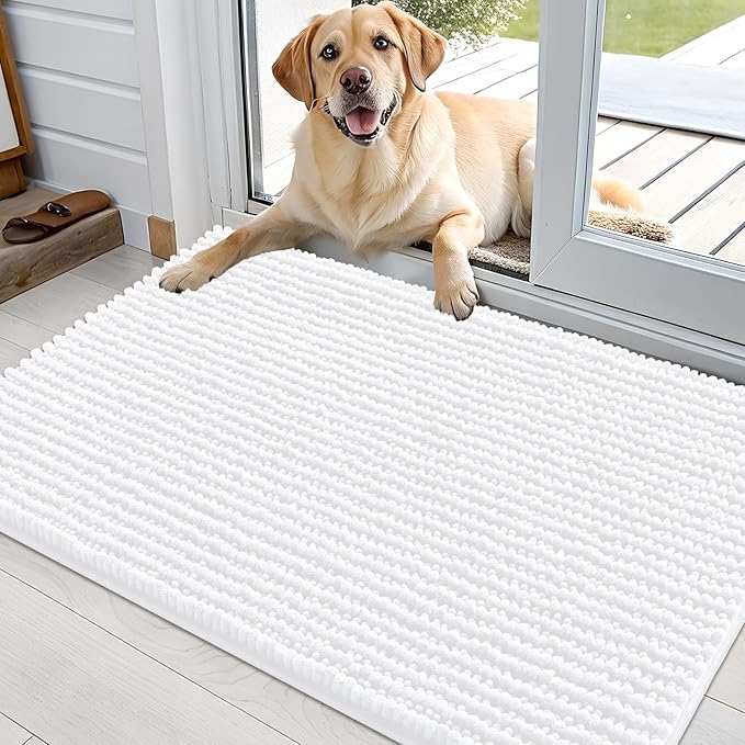 OLANLY Dog Door Mat for Muddy Paws 36x24, Ultra Absorbent Chenille Mud Doormat, Non-Slip Washable and Dirt Trapping Doormat for Indoor Entryway, Quick-Dry Indoor Pet Bed Mats for Dogs, White
