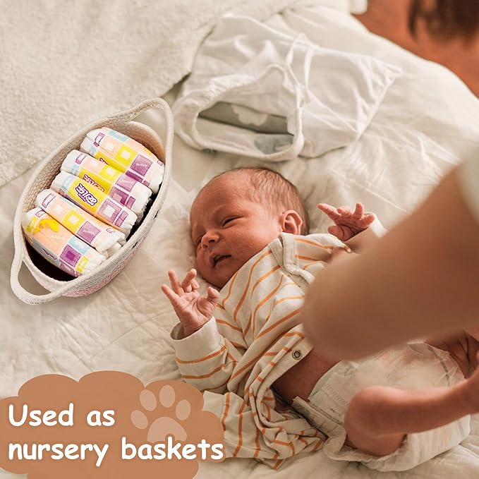 Small Woven Baskets for Organizing with Handle Cute Cotton Basket for Nursery Gift Dog Cat Toy Storage Basket for Toy Organizer-Pink