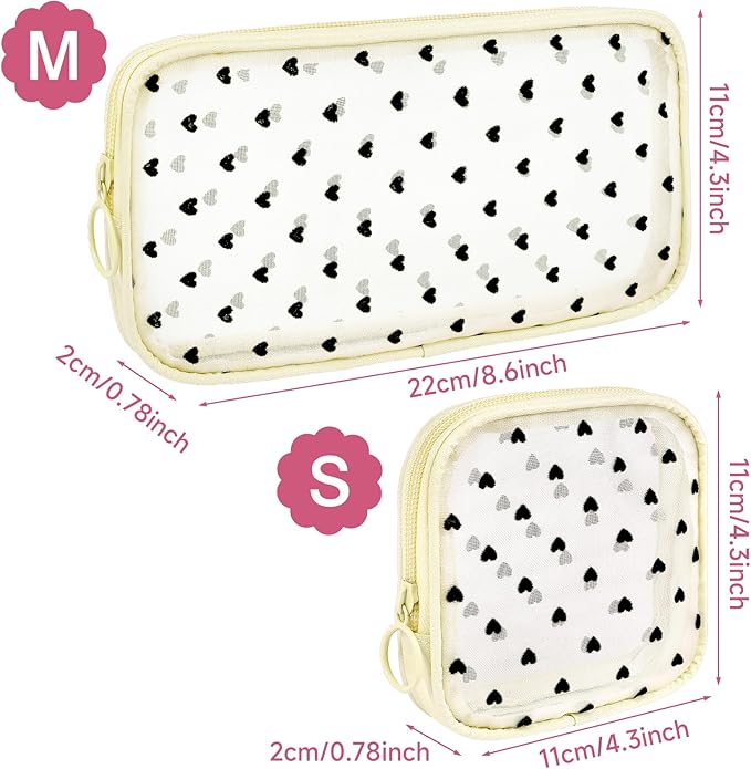4 Pieces Mini Zipper Nylon Mesh Pouch, Mesh Cosmetic Bags Makeup Bags, Multipurpose Travel Toiletry Bags for Office Supplies and Travel Accessories (Heart Print-Pink, M)